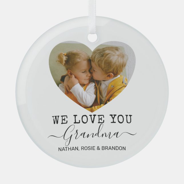 Love You Grandma Heart Photo Glass Ornament (Front)