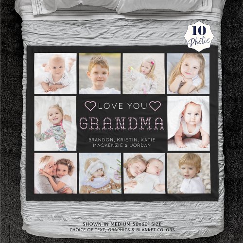Love You Grandma Hearts 10 Photo Custom Colors Fleece Blanket