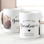 Love you GRANDMA Hearts Custom Two Photo Coffee Mug<br><div class="desc">Simple and sweet two photo coffee mug for Grandma: The hand lettered script reads WE LOVE YOU GRANDMA with pretty hearts flourishes over your names. Personalize with your two favorite photos and make this a modern,  trendy keepsake gift for a beloved grandmother.</div>