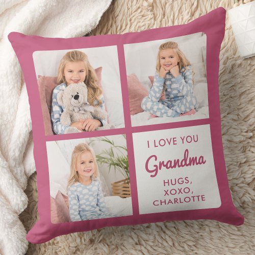 Love You Grandma Modern Grandmother 3 Photo Throw Pillow