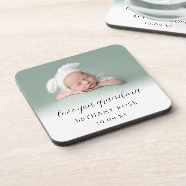 Love You Grandma Photo Name Date Beverage Coaster (Left Side)