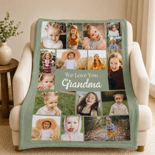Love You Grandma Photo Sage Green Collage Fleece Blanket