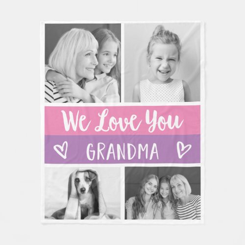 Love You Grandma  Pink Color Block Photo Grid Fleece Blanket