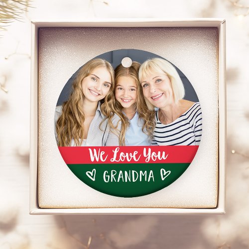 Love You Grandma  Red Green Color Block Two Photo Ornament