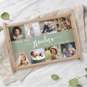 Love You Grandma Sage Green Photo Collage Serving Tray