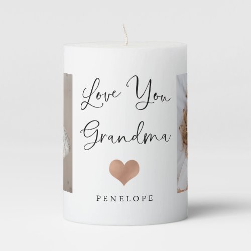 Love You Grandma  Two Photo Script and Heart Pillar Candle