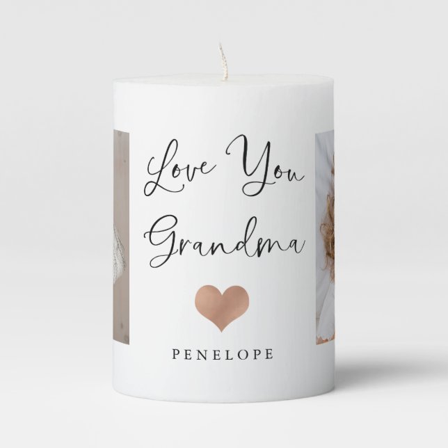 Love You Grandma | Two Photo Script and Heart Pillar Candle (Front)