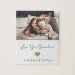 Love You Grandma | Your Photo and Script and Heart Jigsaw Puzzle<br><div class="desc">This simple and stylish puzzle says "Love you Grandma" in trendy,  handwritten black script with a faux rose gold look heart and a spot for her grandchildren's name. There is also room to show off your favorite personal photo.</div>