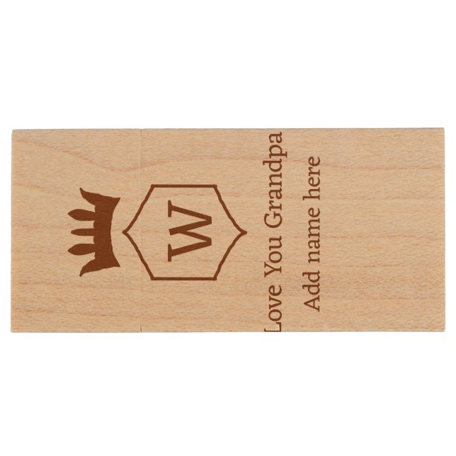 Love you grandpa crown add name details brown squa wood flash drive (Back)