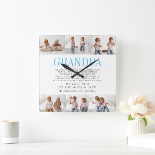 Love You Grandpa  Custom Message Photo Collage Square Wall Clock