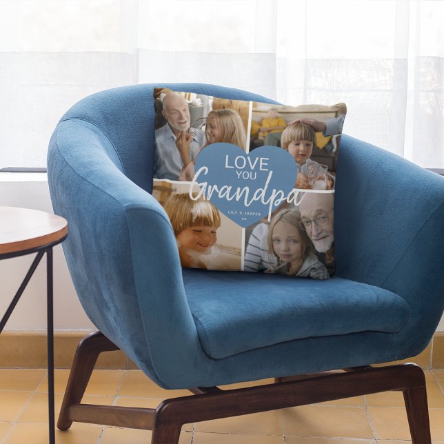 Love You 'Grandpa' Custom Photo Collage Heart Throw Pillow (Creator Uploaded)