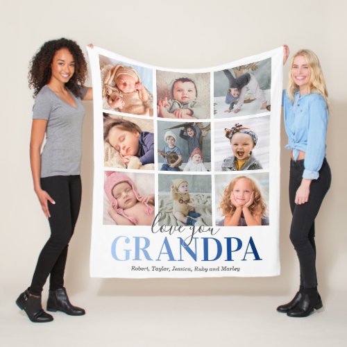 Love You Grandpa Family Photo Fleece Blanket - Personalized grandfather family fleecy blanket featuring a 9 picture collage template for you to customize, the saying "love you grandpa" in a blue gradient font, and the names of the grandchildren.