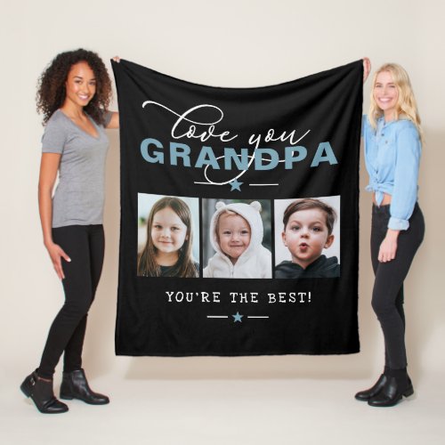 Love You GrandpaGrampaOther 3 Photo Custom Text  Fleece Blanket