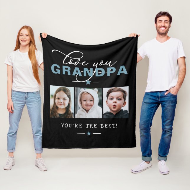 Love You Grandpa/Grampa/Other 3 Photo Custom Text  Fleece Blanket (In Situ)