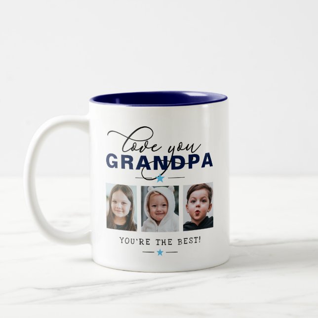 Love You Grandpa/Grampa/Other 3 Photo Custom Text Two-Tone Coffee Mug (Left)