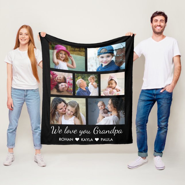 Love You Grandpa Grandkids 7 Photo Collage Black Fleece Blanket (In Situ)