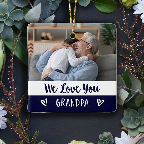 Love You Grandpa  Navy Blue Color Block Two Photo Ceramic Ornament