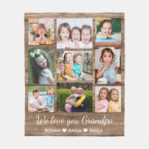 Love You Grandpa  Rustic Wood 9 Photo Collage   Fleece Blanket