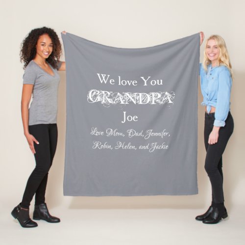 Love You Grandpa Simple Script Kids Name Cute Gray Fleece Blanket