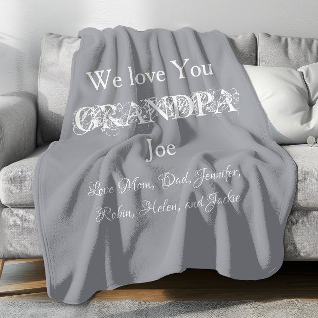 Love You Grandpa Simple Script Kids Name Cute Gray Fleece Blanket ("We Love You GRANDPA" personalized, simple, comfy, light grey fleece blanket. )