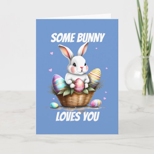 Love you happy white bunny rabbit pun eggs holiday card