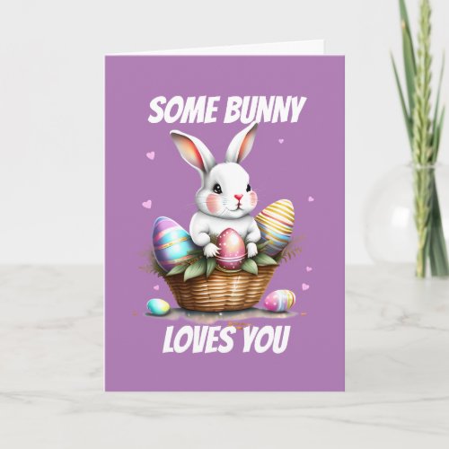 Love you happy white bunny rabbit pun eggs purple holiday card
