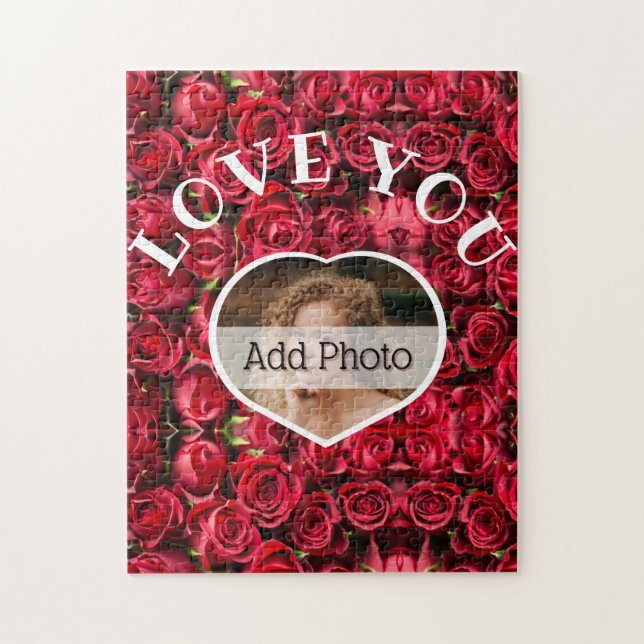 Love You Heart Photo Red Roses Modern Script Cute Jigsaw Puzzle (Vertical)