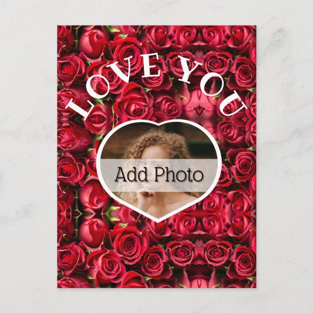 Love You Heart Photo Red Roses Modern Script Cute Postcard (Front)