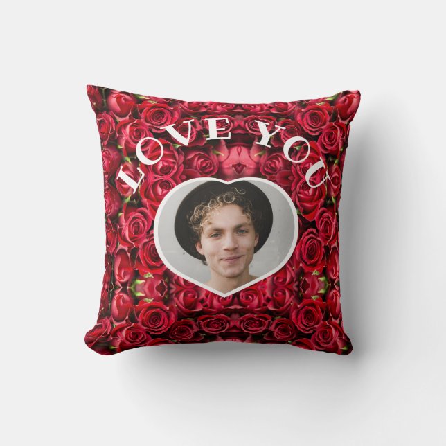 Love You Heart Photo Red Roses Modern Script Cute  Throw Pillow (Front)