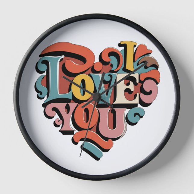 Love You Heart Retro Psychedelia Clock (Front)