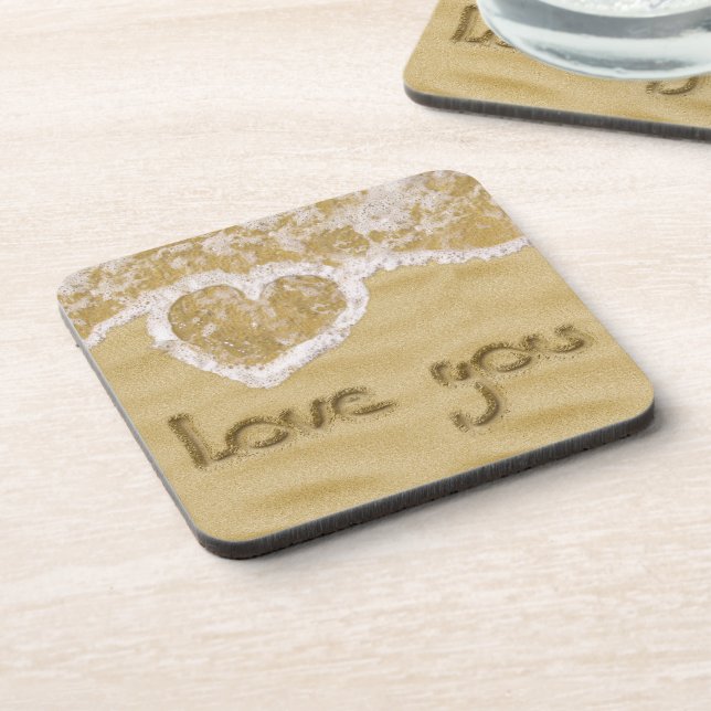 "Love you" Heart written in Sand Beverage Coaster (Left Side)