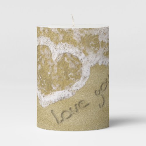Love you Heart written in Sand Pillar Candle