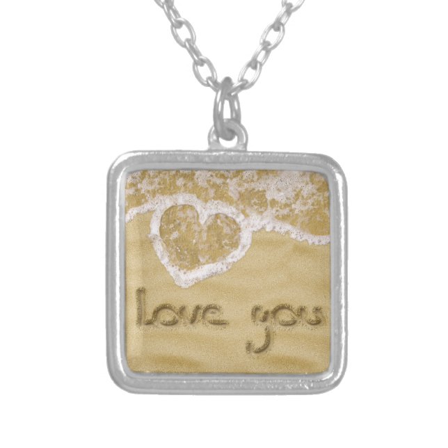 "Love you" Heart written in Sand Silver Plated Necklace (Front)