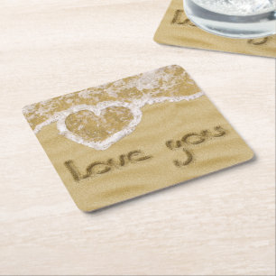 "Love you" Heart written in Sand Square Paper Coaster