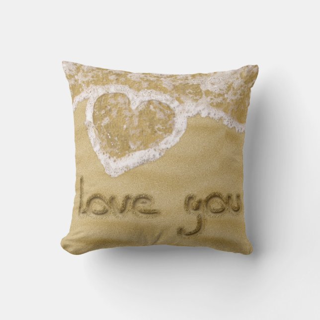 "Love you" Heart written in Sand Throw Pillow (Front)
