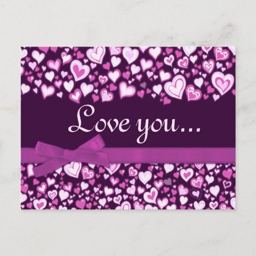 Love you hearts  bows pink purple postcard