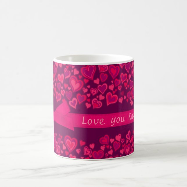 "Love you" hearts red pink mauve name mug (Center)