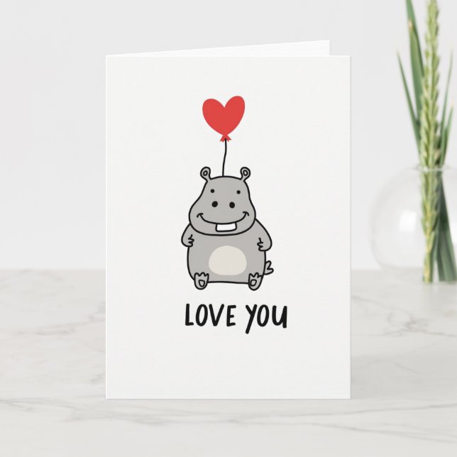 Love You Hippo Heart Balloon Card (Front)