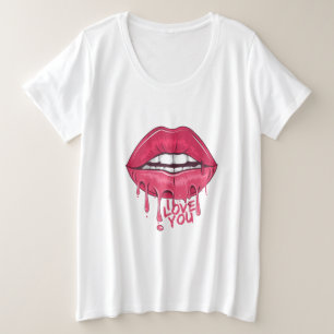 Love You Hot Pink Dripping Lips Womens Plus Size T-Shirt