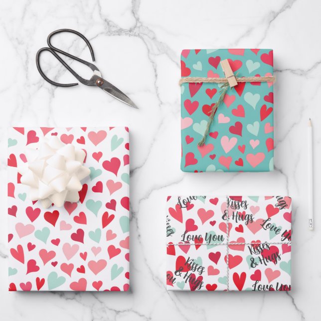 Love You Kisses & Hugs Hearts Wrapping Paper Sheets (Front)