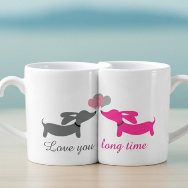 Love You Long Time Dachshund Couples Mug Set (Love you long dachshund - dachshund couples mugs with kissing wiener dogs for doxie lovers)