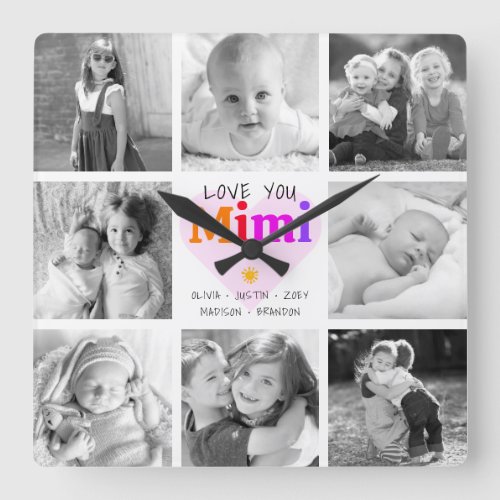 Love You Mimi Colorful Bold Modern 8 Photo Collage Square Wall Clock