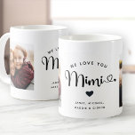 Love you Mimi Hearts Custom Two Photo Coffee Mug<br><div class="desc">Simple and sweet two photo coffee mug for Grandma: The hand lettered script reads WE LOVE YOU MIMI with pretty hearts flourishes over your names. Personalize with your two favorite photos and make this a modern,  trendy keepsake gift for a beloved grandmother.</div>