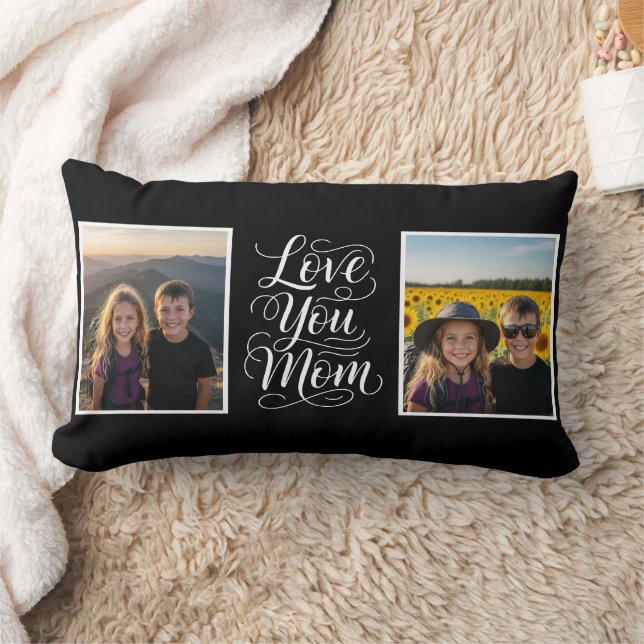 Love You Mom 2 Photo Modern Keepsake black white Lumbar Pillow (Blanket)