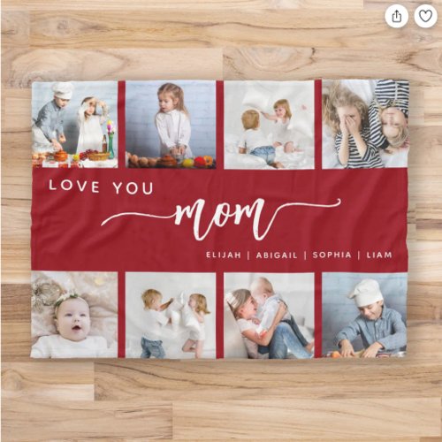 Love You Mom 8 Photo Collage Cranberry Red Fleece Blanket