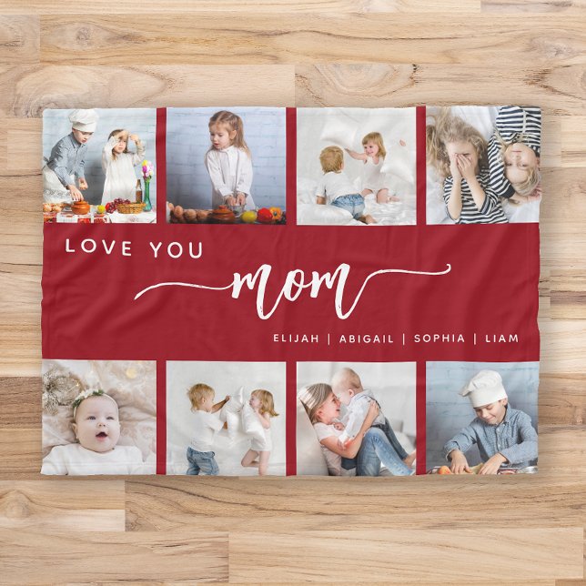 Love You Mom 8 Photo Collage Cranberry Red Fleece Blanket (Creator Uploaded)