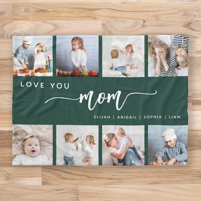 Love You Mom 8 Photo Collage Emerald Green Fleece Blanket (Creator Uploaded)