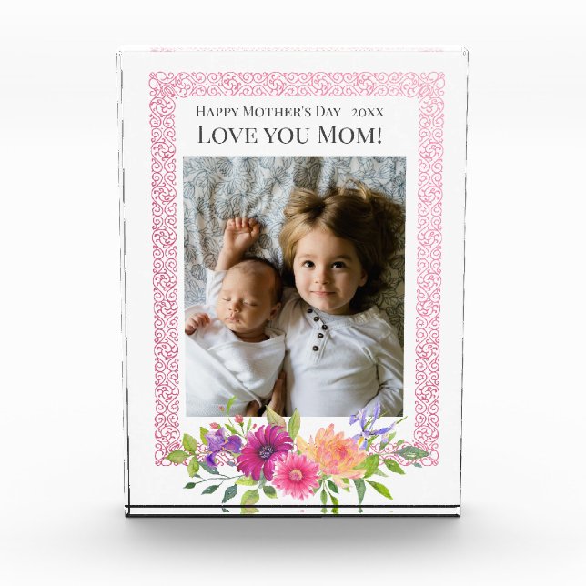 Love You Mom! Beautiful Pink Flowers Photo Block (Front)