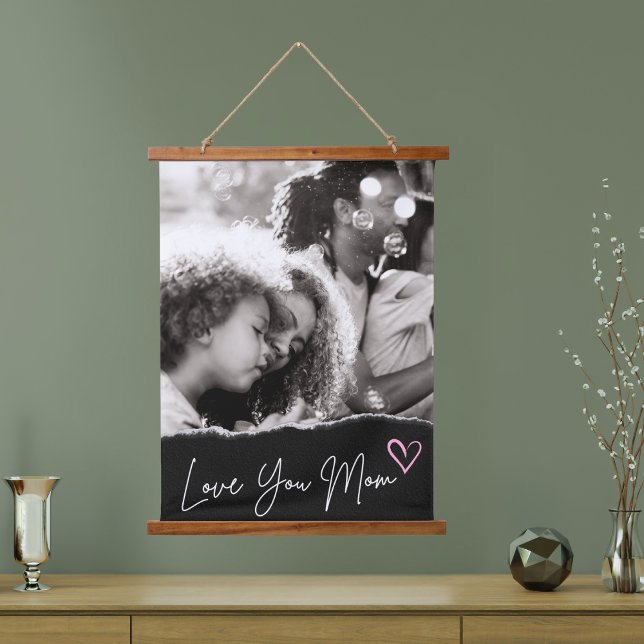 Love You Mom Black White Pink Heart Custom Photo Hanging Tapestry (Creator Uploaded)