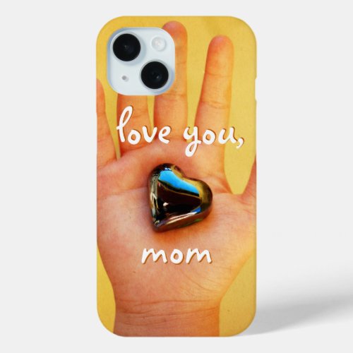 Love You Mom Child Hand Holding A Blue Heart Photo iPhone 15 Case